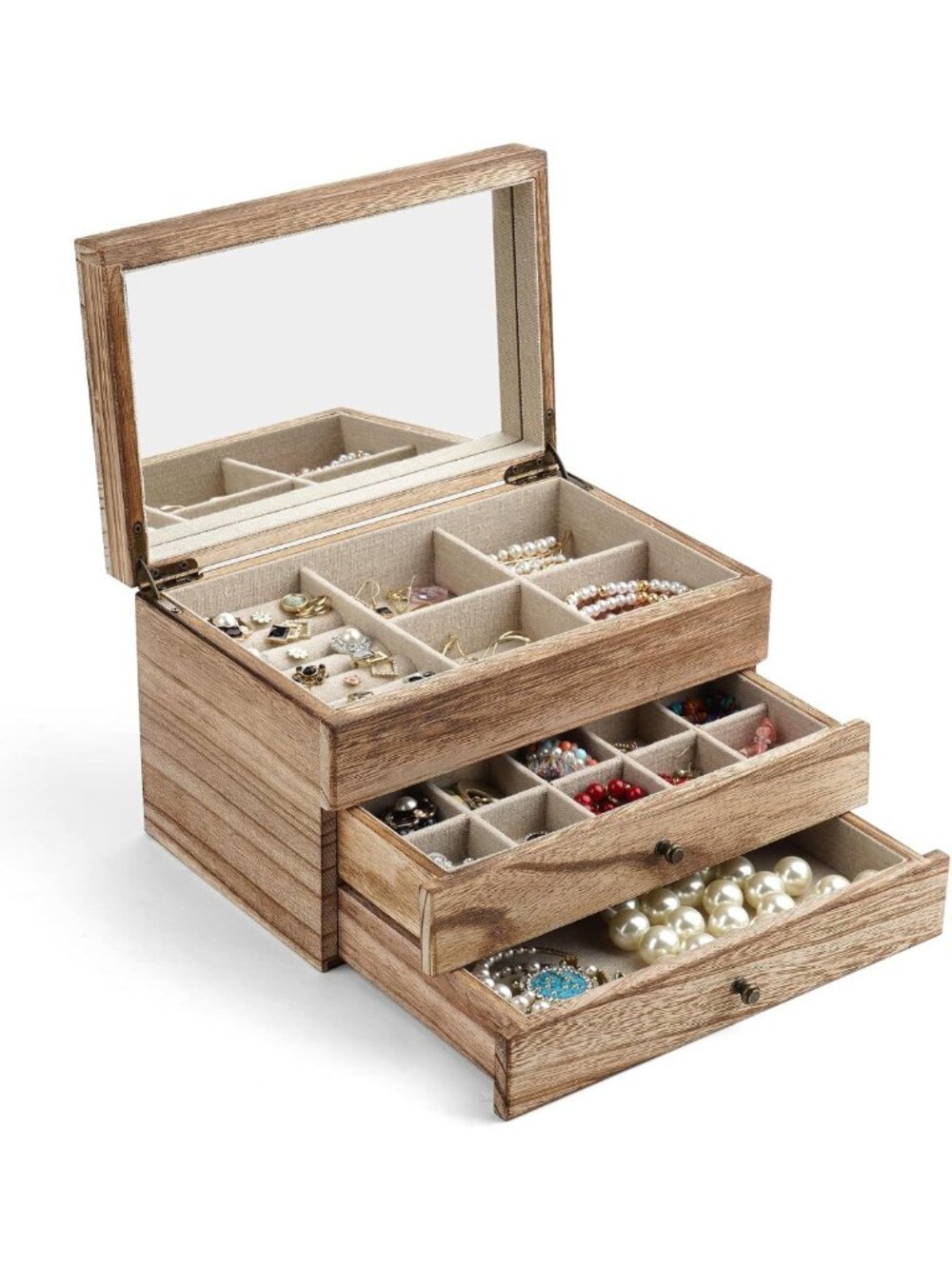 Large Rustic Jewelry Box Organizer with Mirror & Ring Tray - Vintage 3 Layer